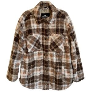 Hollister Plaid Sherpa Lined Flannel Shacket Jacket Womens Size L Brown White